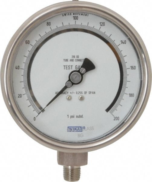 Wika 4220072 Pressure Gauge: 4" Dial, 0 to 200 psi, 1/4" Thread, NPT, Lower Mount Image