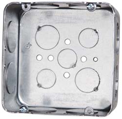 Electrical Outlet Box: Steel, Square, 4-11/16" OAH, 4-11/16" OAW, 2-1/8" OAD, 1 Gang - (13) 1/2 & 3/4" Knockouts