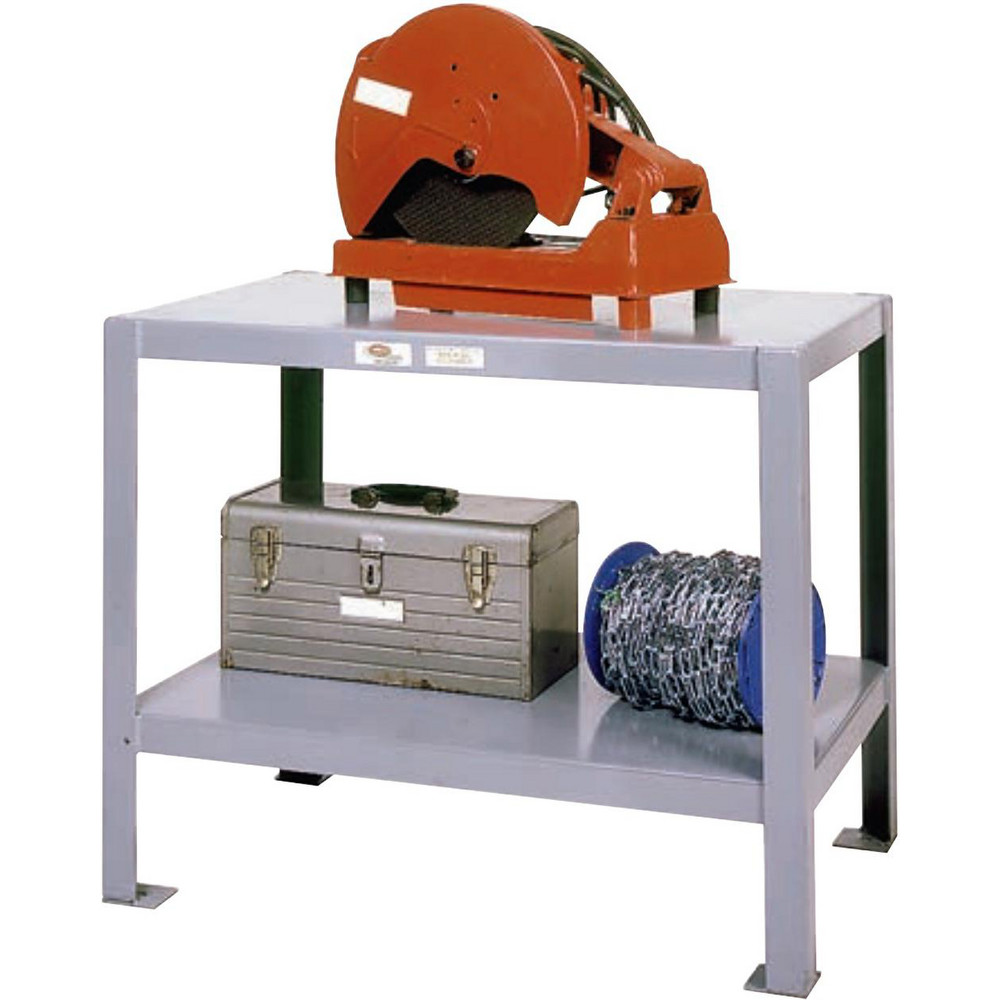 Machine Work Table: 48" Wide, 24" Deep, 30" High, Enamel, 12 Gauge Steel Top, Steel Base, Gray - 2000 lb Capacity, Turned Down Edge, 2 Shelf, Assembled