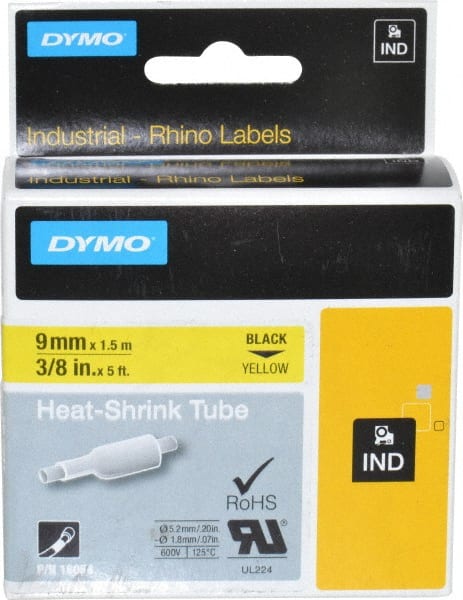 Dymo 18054 Label Maker Label: Yellow, Heat Shrinkable Polyolefin, 60" OAL, 3/8" OAW 