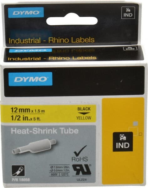 Dymo 18056 Label Maker Label: Yellow, Heat Shrinkable Polyolefin, 60" OAL, 1/2" OAW 