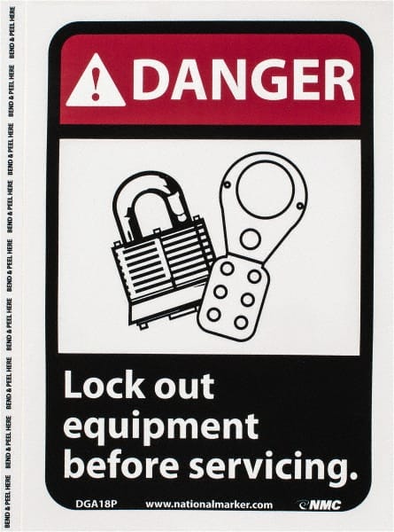 Accident Prevention Sign: Rectangle, "Danger, Lock out equipment before servicing."