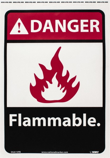 Fire Sign: DANGER, Danger - Flammable - Vinyl, Adhesive-Backed, 14" High, 10" Wide