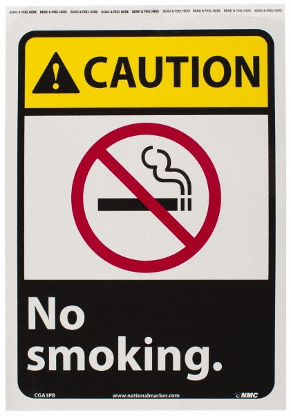 Accident Prevention Sign: Rectangle, CAUTION, NO SMOKING. - Vinyl, Adhesive-Backed, 14" High, 10" Wide