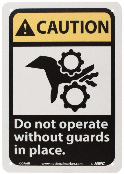 Sign: Rectangle, "Caution - Do Not Operate without Guards in Place"