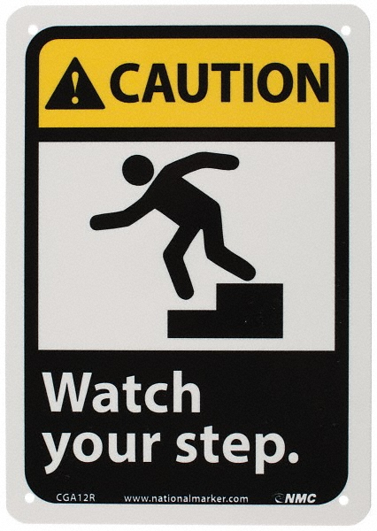 Accident Prevention Sign: Rectangle, CAUTION, WATCH YOUR STEP - Plastic, Wall, 10" High, 7" Wide