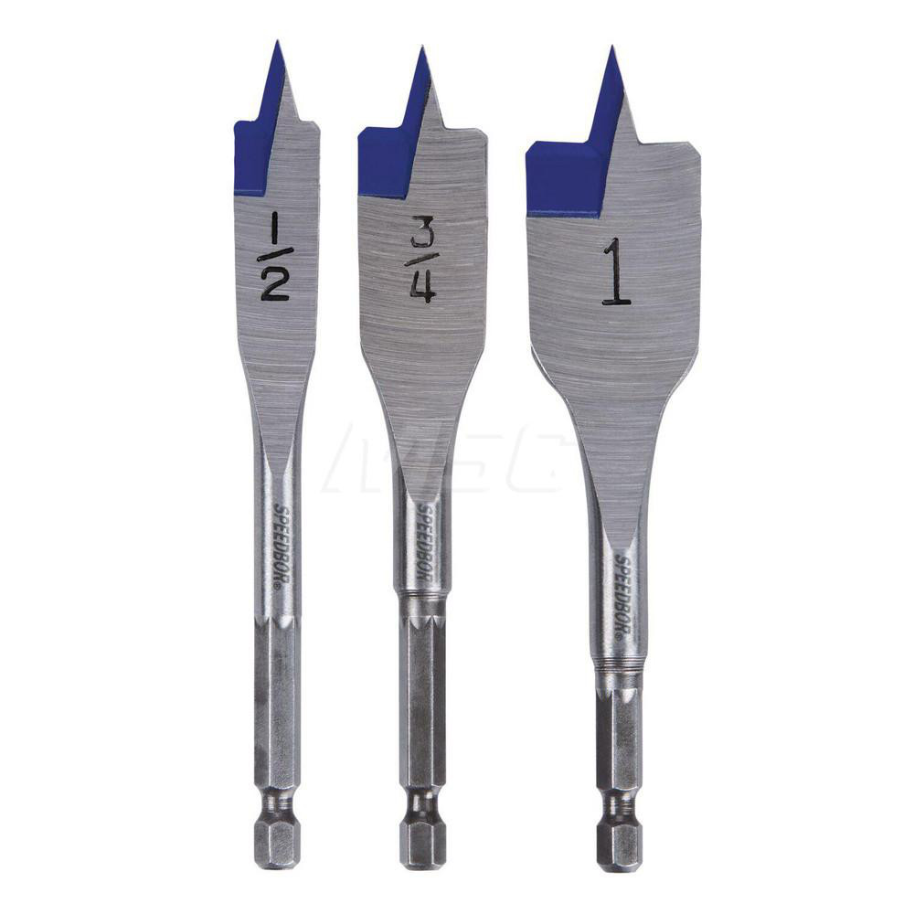 Drill Bit Set: Spade Drill Bits, 3 Pc, 1" Drill Bit Size, Carbon Steel - Bright/Uncoated, Standard, Hex Shank