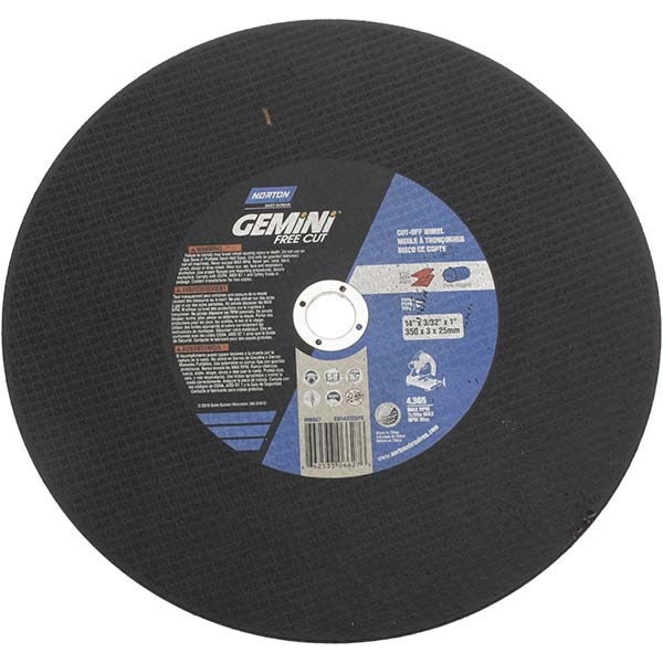 Cutoff Wheel: Type 1 (01/41), 14" Dia, 3/32" Thick, 1" Hole, Aluminum Oxide - 4365 Max RPM, Reinforced