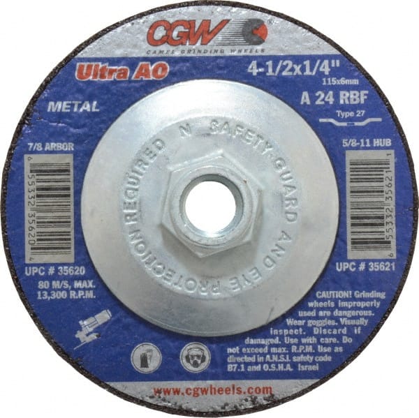 4-1/2 x 1/4 x 5/8-11 Hubbed Grinding Wheel Type 27 for Angle