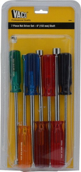 Nut Driver Set: 7 Pc, 3/16 to 1/2", Hollow Shaft, Plastic Handle