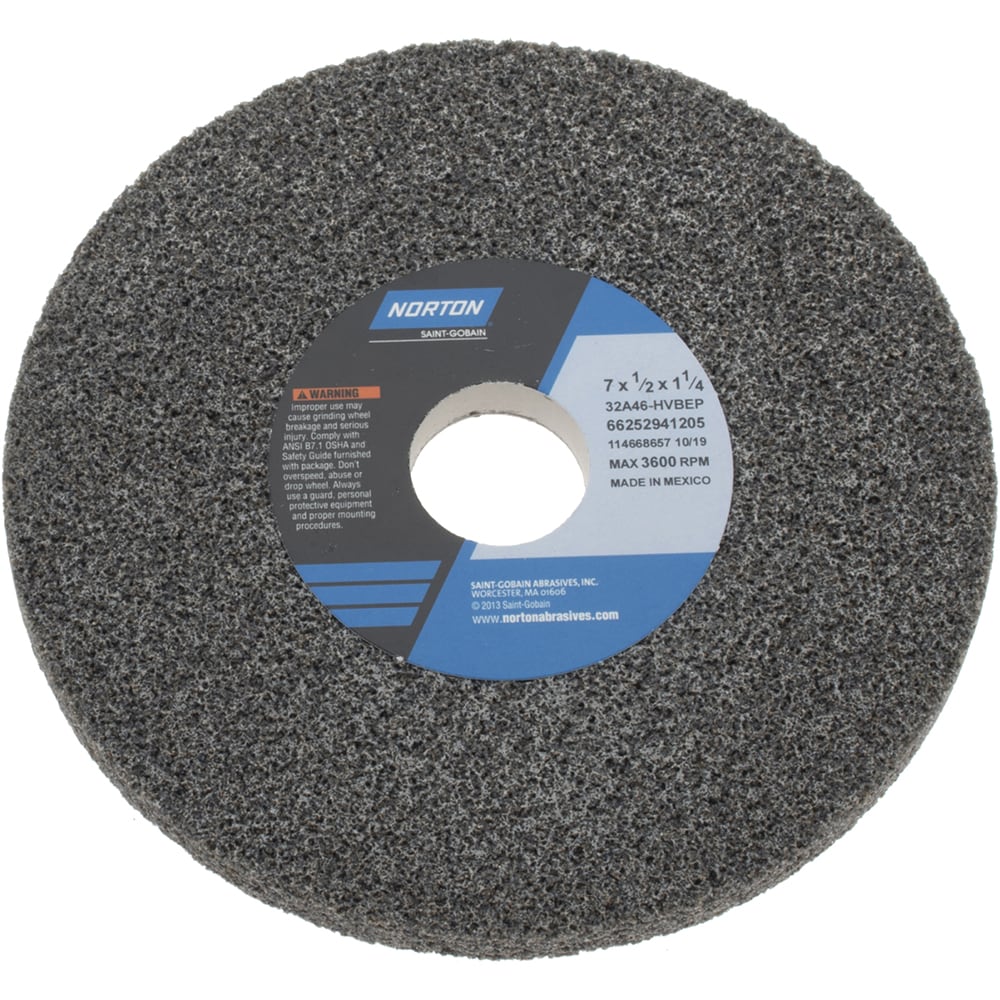 Norton 66252941205 Surface Grinding Wheel: 7" Dia, 1/2" Thick, 1-1/4" Hole, 46 Grit, H Hardness Image