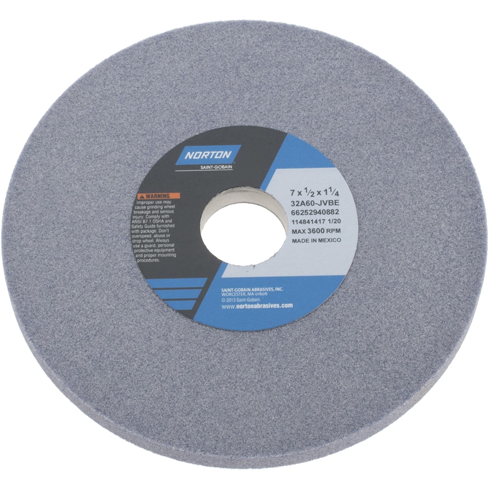 Norton 66252940882 Surface Grinding Wheel: 7" Dia, 1/2" Thick, 1-1/4" Hole, 60 Grit, J Hardness Image