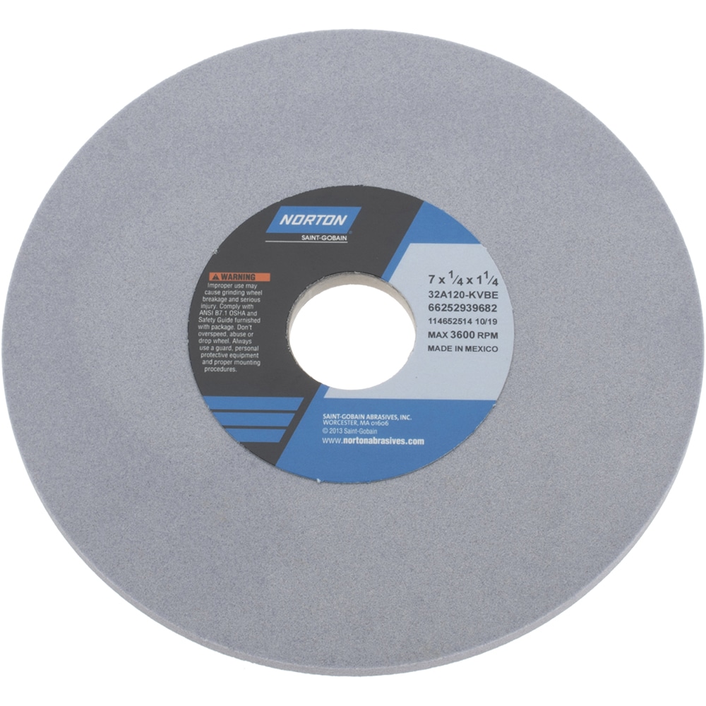 Norton 66252939682 Surface Grinding Wheel: 7" Dia, 1/4" Thick, 1-1/4" Hole, 120 Grit, K Hardness Image