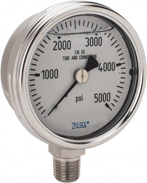 Pressure Gauge: 2-1/2" Dial, 0 to 5,000 psi, 1/4" Thread, NPT, Lower Mount