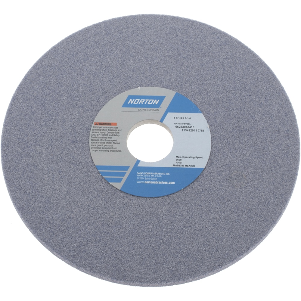 Norton 66253043416 Surface Grinding Wheel: 8" Dia, 1/4" Thick, 1-1/4" Hole, 60 Grit, I Hardness Image