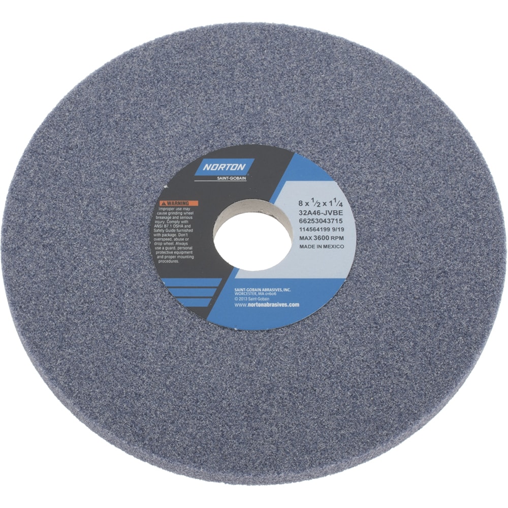 Norton 66253043715 Surface Grinding Wheel: 8" Dia, 1/2" Thick, 1-1/4" Hole, 46 Grit, J Hardness Image