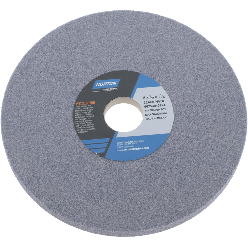 Norton 66253043724 Surface Grinding Wheel: 8" Dia, 1/2" Thick, 1-1/4" Hole, 60 Grit, H Hardness Image