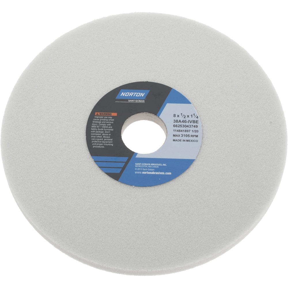 Norton 66253043749 Surface Grinding Wheel: 8" Dia, 1/2" Thick, 1-1/4" Hole, 46 Grit, I Hardness Image