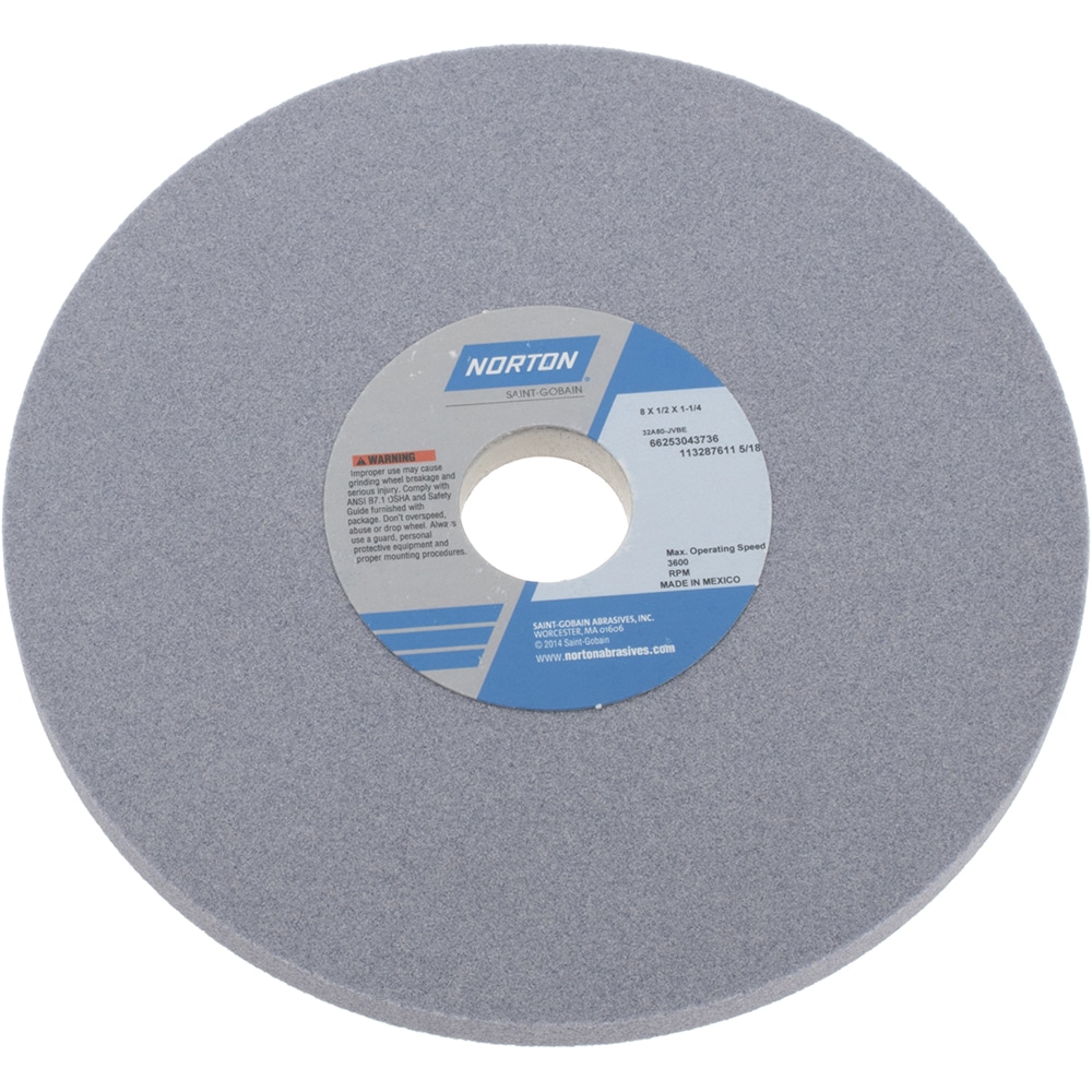 Norton 66253043736 Surface Grinding Wheel: 8" Dia, 1/2" Thick, 1-1/4" Hole, 80 Grit, J Hardness Image