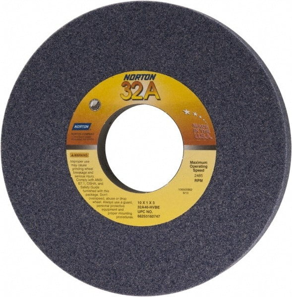 Norton 66253160747 Surface Grinding Wheel: 10" Dia, 1" Thick, 3" Hole, 46 Grit, H Hardness 