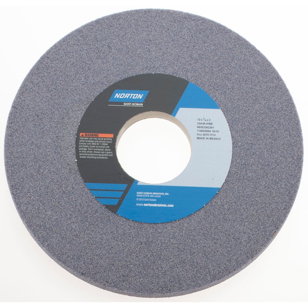 Norton 66253262261 Surface Grinding Wheel: 12" Dia, 3/4" Thick, 3" Hole, 46 Grit, I Hardness 