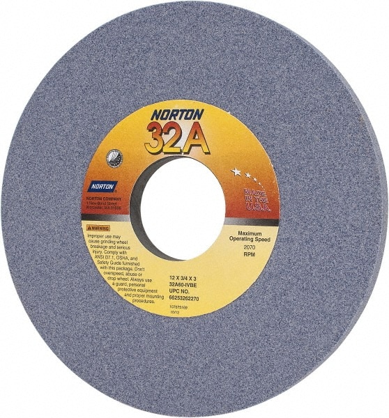 Norton 66253262270 Surface Grinding Wheel: 12" Dia, 3/4" Thick, 3" Hole, 60 Grit, I Hardness 