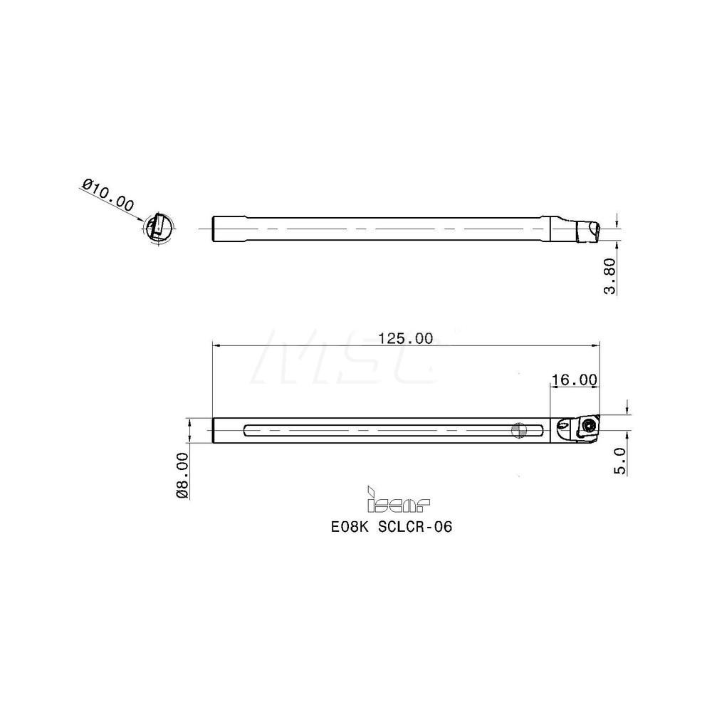 Iscar Indexable Boring Bar E08K SCLCR06, 10 mm Min Bore Dia, Right