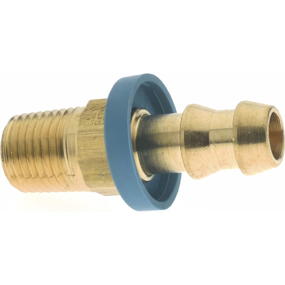 Barbed Push-On Hose Male Connector: 1/4-18 NPT, Brass, 3/8" Barb