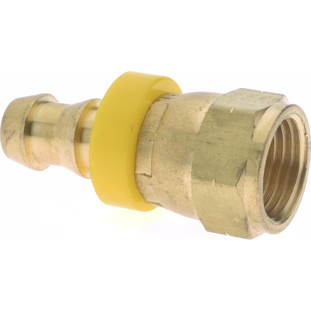 Barbed Push-On Hose Female Pipe Swivel: 5/8-18 UNF, Brass, 3/8" Barb
