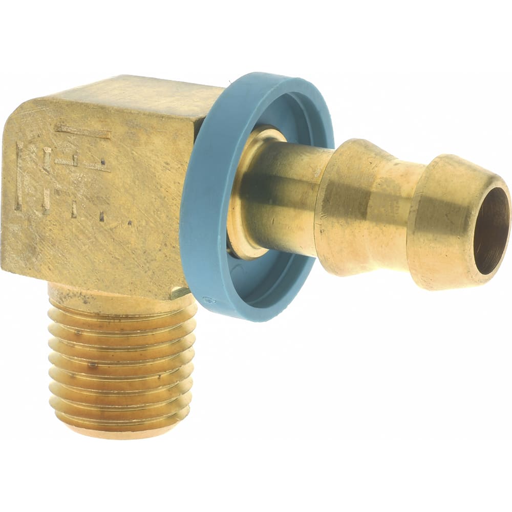 Barbed Push-On Hose Male Elbow: 1/4-18 NPT, Brass, 3/8" Barb