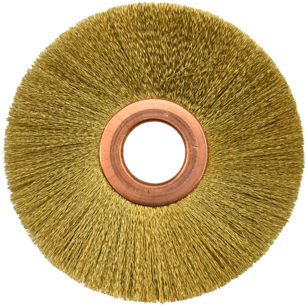 Osborn Wheel Brush: 3" Wheel Dia, 3/8" Face Width, 0.0050" Wire Dia, Crimped - 5/8" Hole, Brass, 15000 RPM | Part #0001142500