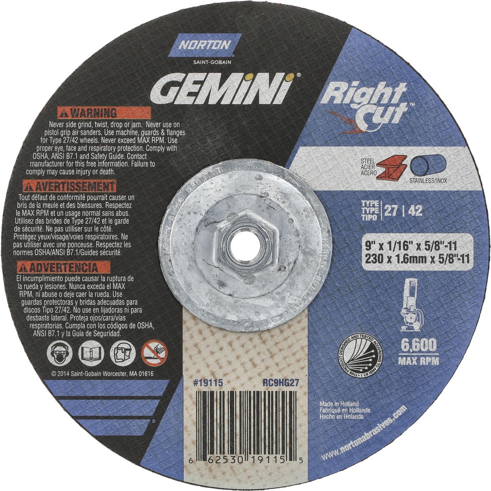 Depressed Center Wheel: Type 27, 9" Dia, Aluminum Oxide