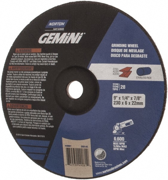 Depressed Center Wheel: Type 28, 9" Dia, Aluminum Oxide