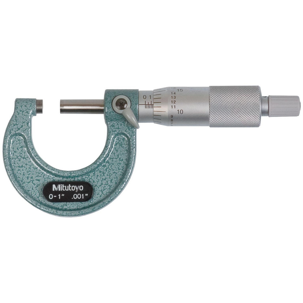 Mechanical Outside Micrometer: 1" Range, 0.001" Graduation - 0.000100" Accuracy, Ratchet Stop Thimble