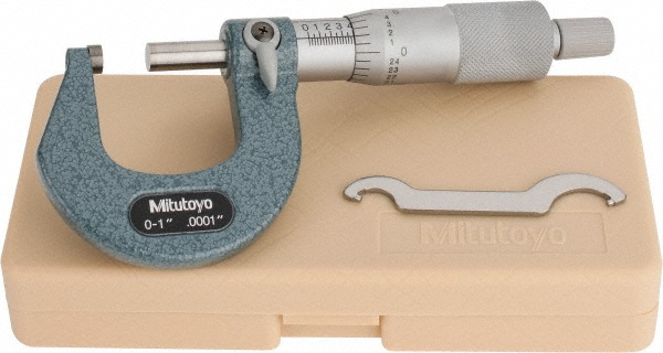 Mechanical Outside Micrometer: 1" Range, 0.0001" Graduation - 0.000100" Accuracy, Ratchet Stop Thimble