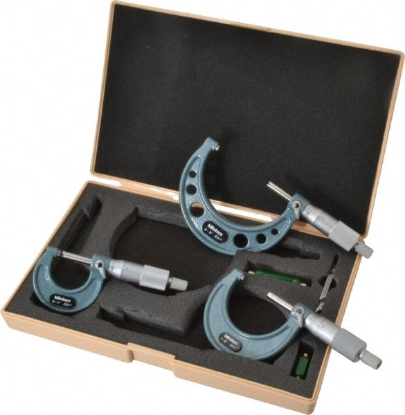 Mitutoyo 103-929 Mechanical Outside Micrometer Set: 3 Pc, 0 to 3" Measurement 