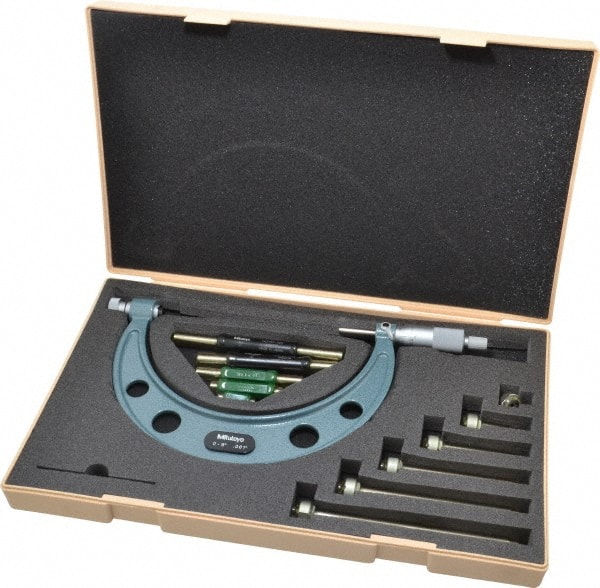 Mitutoyo 104-137 Mechanical Interchangeable Anvil Micrometer: 6" Range, 6 Anvils 