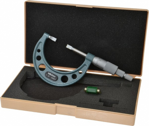 Mitutoyo 1" to 2" Mechanical Hammertone Green Coated Blade Micrometer - 0.0002" Accuracy, 0.0001" Graduation, 0.75mm Blade Thickness, Ratchet Stop