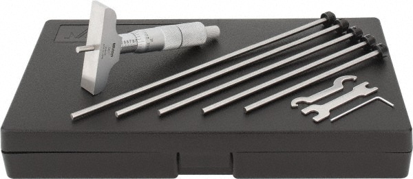 Mechanical Depth Micrometer: 6'' Range, 6 Rods, Satin Chrome Finish