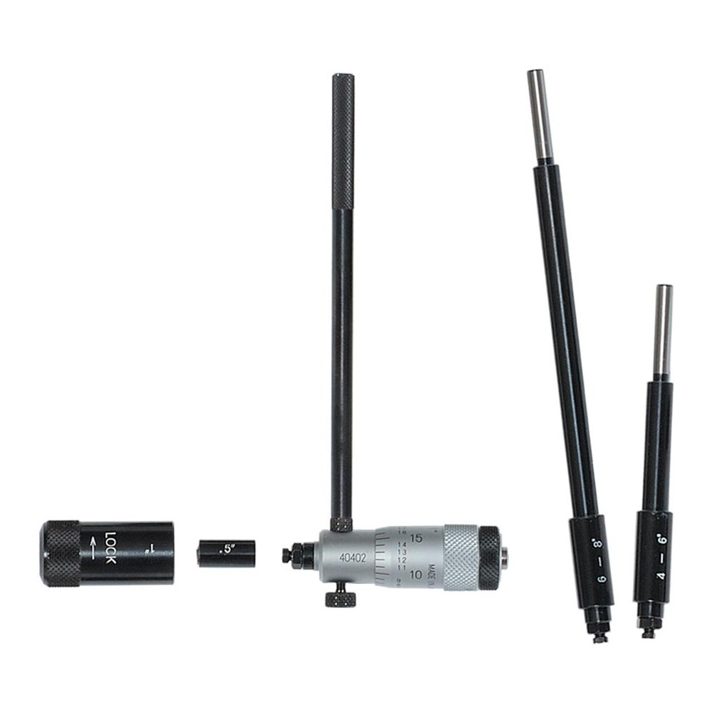 2 to 8", Friction Thimble, Mechanical, Satin Chrome Finish, Interchangeable Rod Micrometer - 0.001 Inch Graduation, Accurate Up to 0.00024+(0.00004xR/20) Inch, 1/2 Inch Travel, 3 Rods