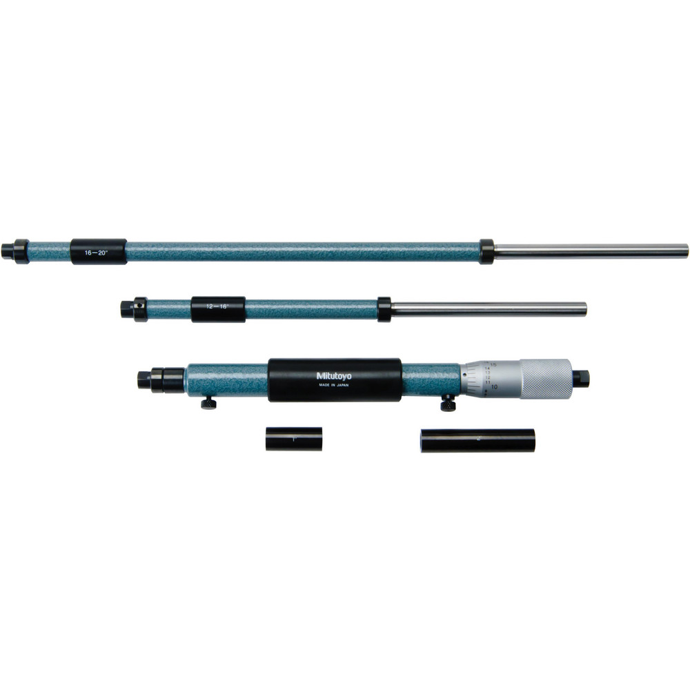 Mechanical Inside Micrometer Set: 8 to 20" Range, 3 Extension Rods, Satin Chrome Finish - Friction & Ratchet Stop Thimble