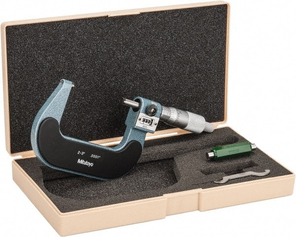 MH GLOBAL 2-3 Inch Outside Micrometer .0001 Inch Graduation Baked Enamel Finished Frame with Plastic Case 