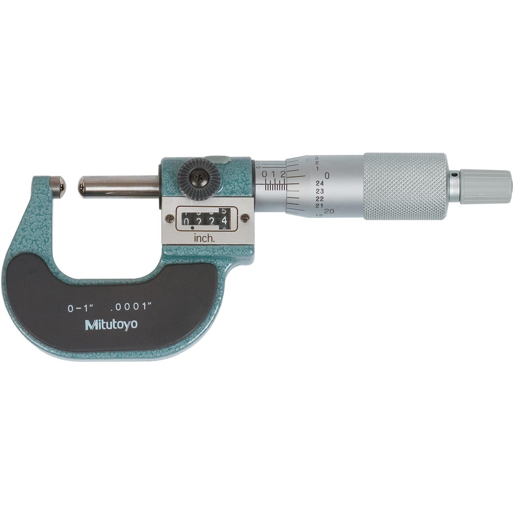 1 Inch Max Measurement, 0.0001 Inch Graduation, Spherical Face Micrometer - Accuracy Up to 0.0002 Inch, Baked Enamel Coated, Steel Measuring Face Material, Mechanical Operation, Ratchet Stop Thimble, Ball