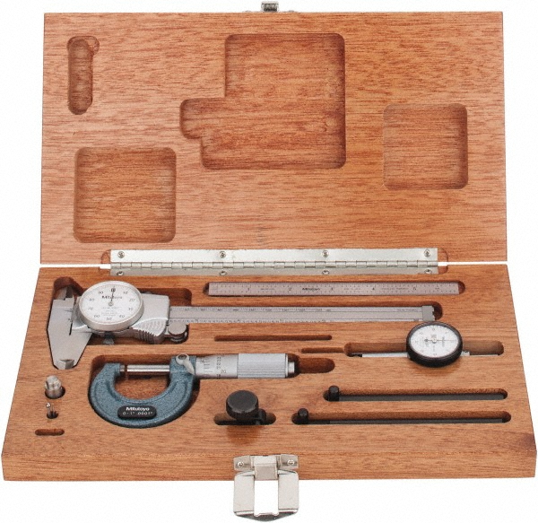 Machinist Caliper, Micrometer, Ruler & Test Indicator Kit: 5 pc, 0 to 6" Caliper, 0 to 1" Micrometer - Includes Dial Caliper, Full-Flexible Rule, Mahogany Case, Outside Micrometer & Test Indicator Set