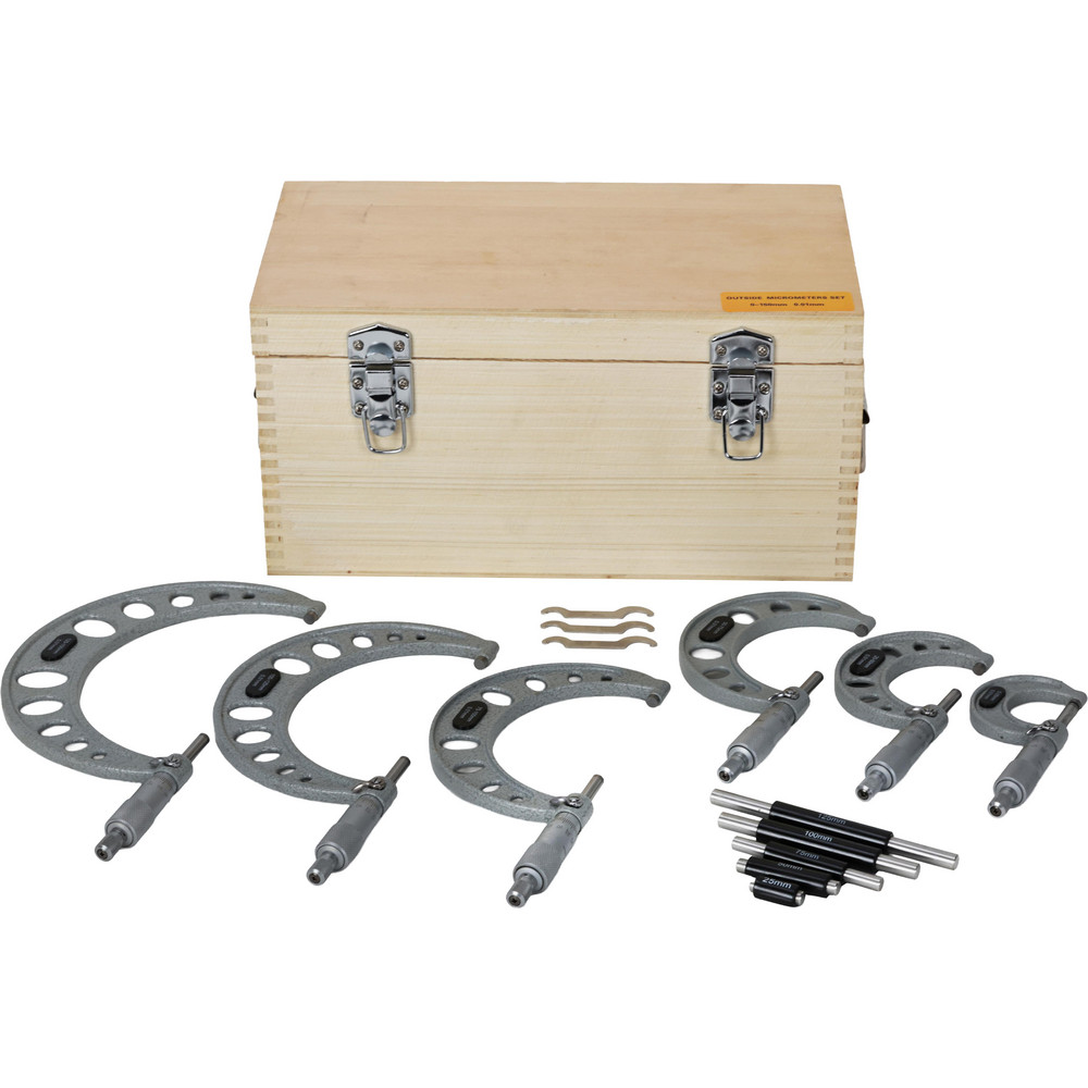 Mechanical Outside Micrometer Set: 6 Pc, 0.01 mm Graduation - Ratchet Stop Thimble, Steel Measuring Face