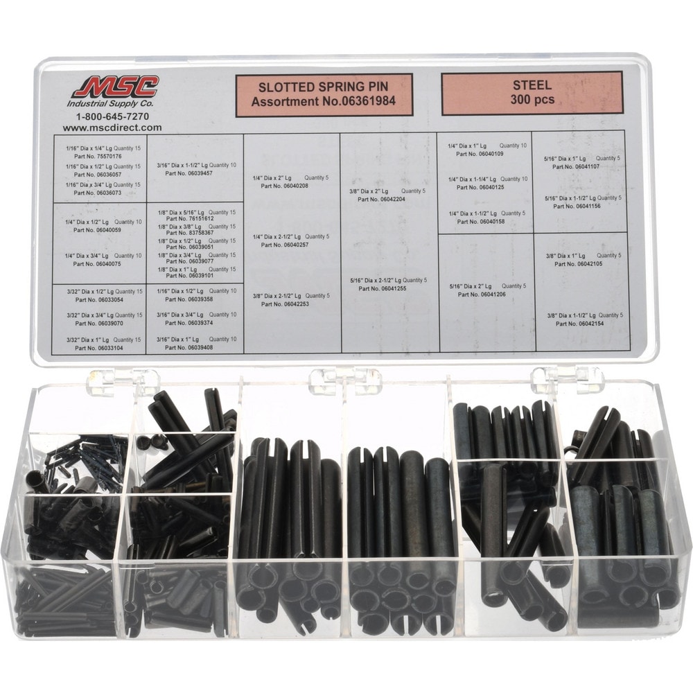 300 Piece, 1/16 to 3/8" Pin Diam, Spring Pin Assortment