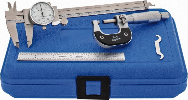 Machinist Caliper & Micrometer Kit: 3 pc - Includes 0 to 1" Micrometer 0.0001 in Grad., Lock Nut & Ratchet Stop