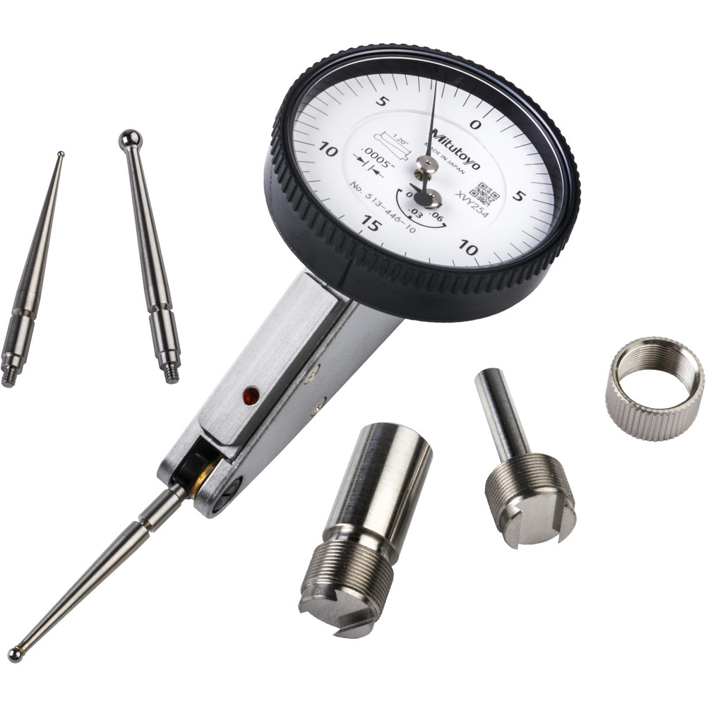 Horizontal Dial Test Indicator: 0.0600" Max, 0-15-0 Dial Reading, 0.000500" Accuracy - Series 513, White Dial, 0.000500" Graduation, 0.0790" Ball, 1.3347" Contact Point