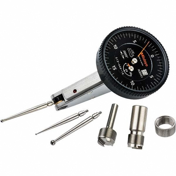 Horizontal Dial Test Indicator: 0.0600" Max, 0-15-0 Dial Reading, 0.000500" Accuracy - Series 513, Black Dial, 0.000500" Graduation, 0.0790" Ball, 1.3347" Contact Point