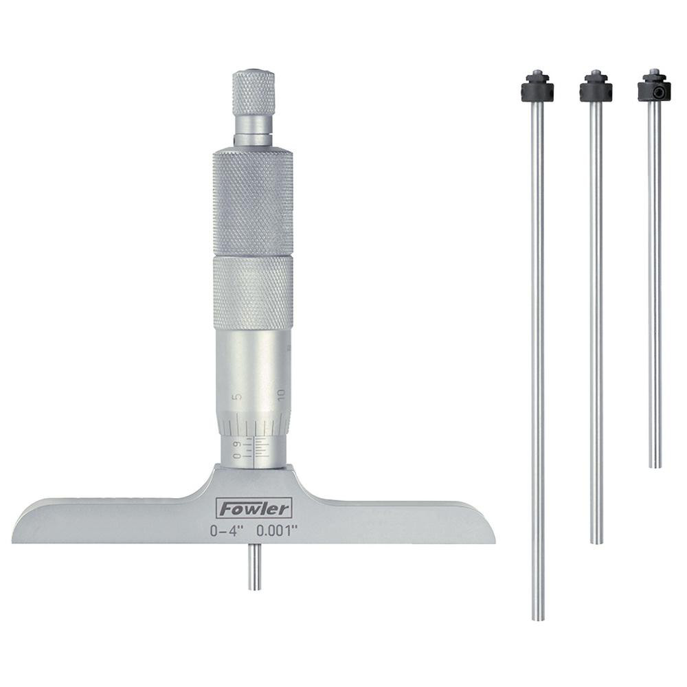 Fowler Mechanical Depth Micrometer 4'' Range, 4 Rods, Satin Chrome Finish MSC Industrial